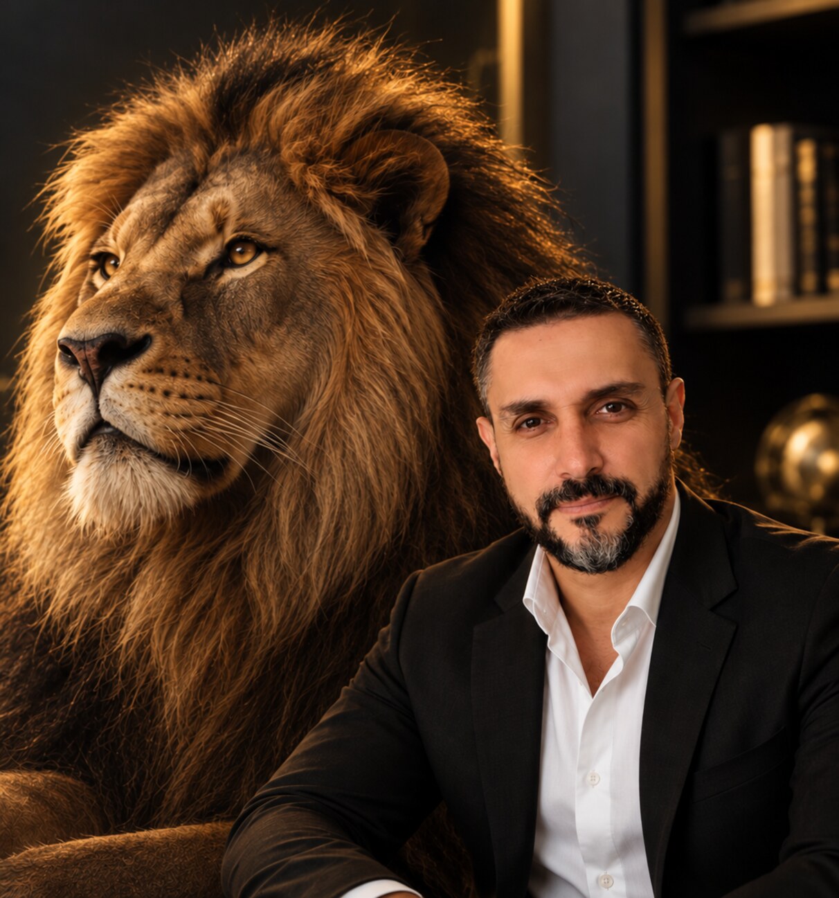 Leo, com terno preto e camisa branca, ao lado do leão que representa inteligência, disciplina e credibilidade